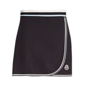 Moncler Logo Patch Faux Wrap Mini Skirt in Night Blue sz L NWT